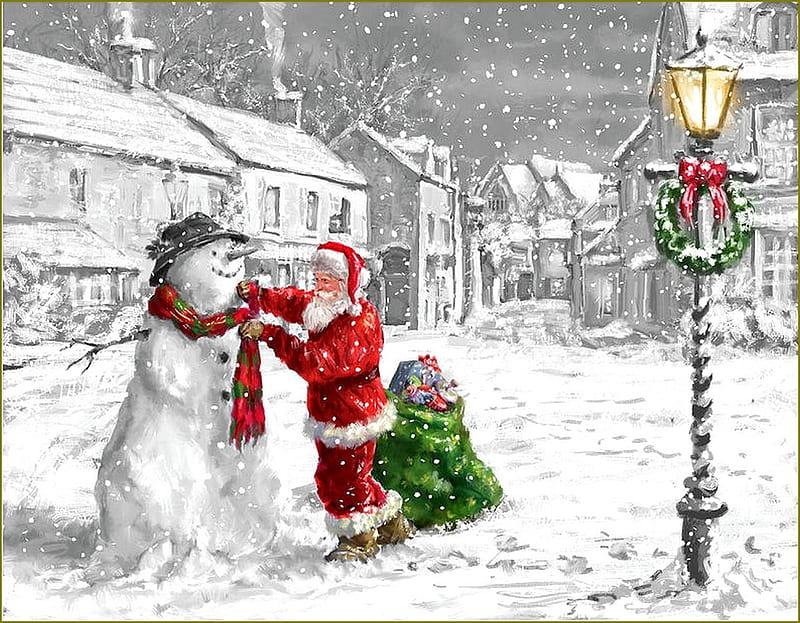 Santa's gift, white, snowman, art, red, marcello corti, christmas, craciun, santa, snow, scarf, painting, pictura, HD wallpaper