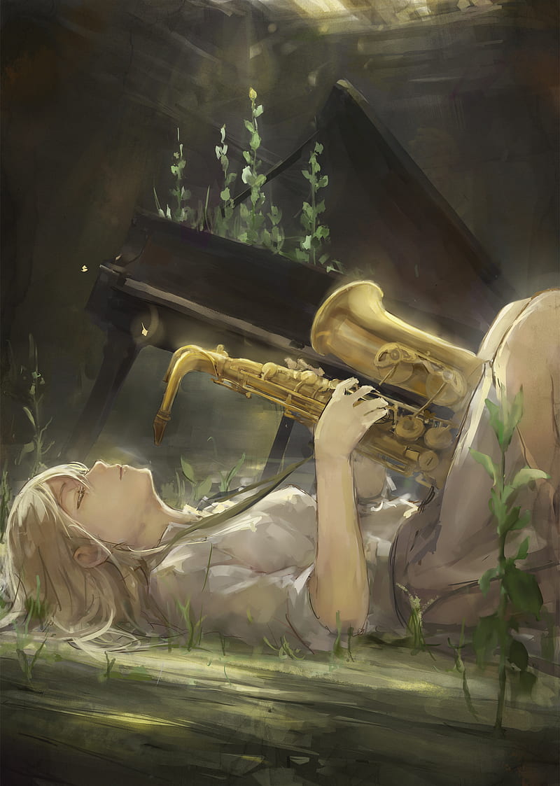 anime, anime girls, musical instrument, saxophones, piano, closed eyes, HD phone wallpaper