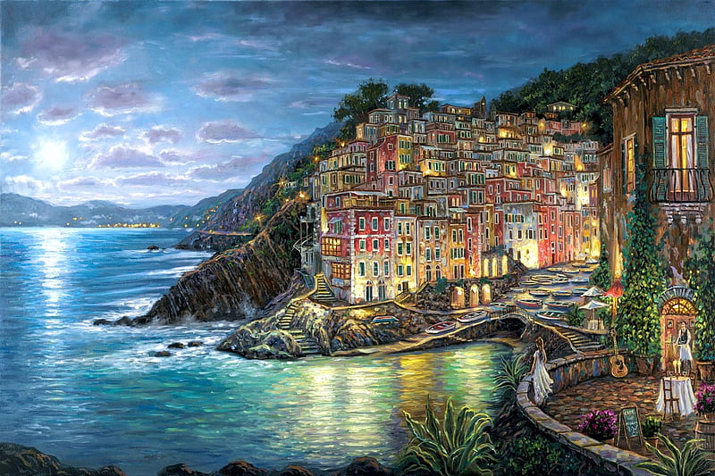 Awaiting My Love, Riomaggiore, tables, houses, woman, artwork, sea, amalfi, restaurant, painting, chairs, italy, HD wallpaper