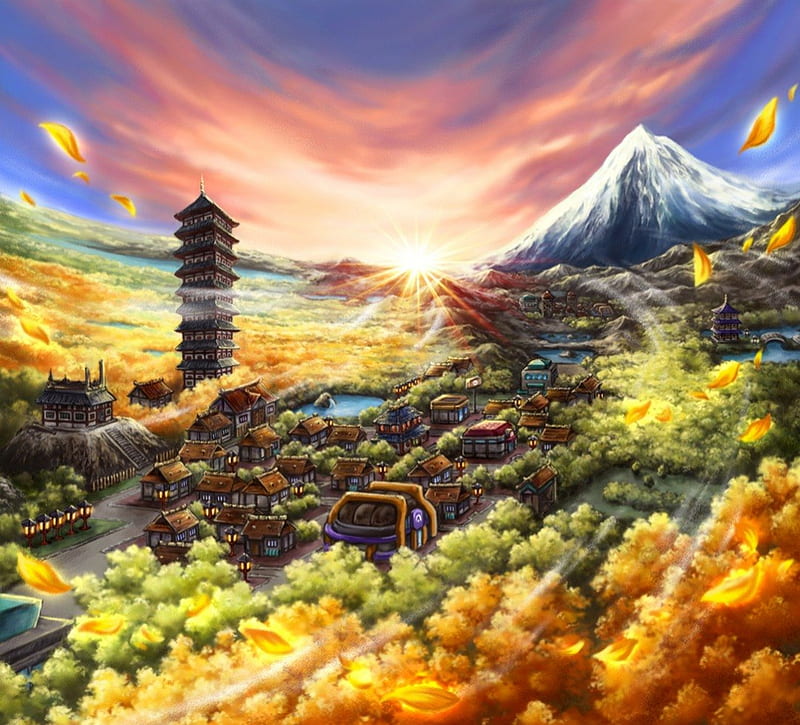 Ecruteak City, houses, sunset, pokemon, trees, jhoto, mountain, city, towers, anime, HD wallpaper