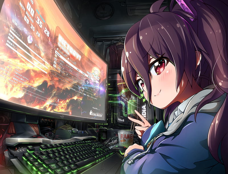 tsubuzaki anko, battle girl high school, computer screen, gaming, noodle, smiling, Anime, HD wallpaper