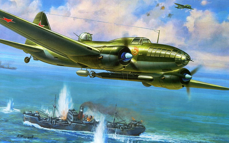 Closing Off The Supplies, world, boat, wwii, painting, classic, art, guerra, ilyushin, ww2, antique, airplane, plane, ship, drawing, russian, il4, il-4, HD wallpaper