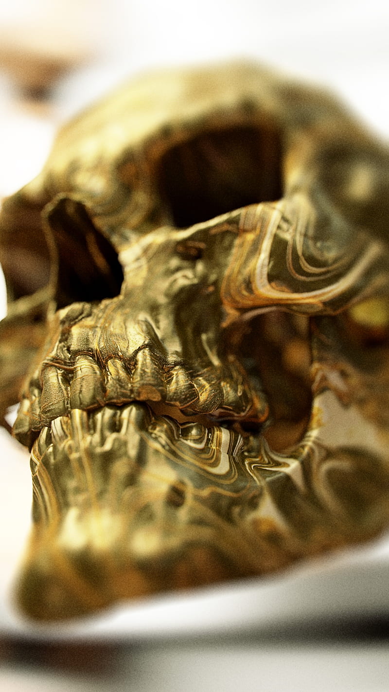 Gold Skull, 3d, 3drender, HAW, anatomy, art, artwork, bokeh, cinema4D, dead, death, digitalart, digitalartwork, fractal, golden, marble, maxon, octane, render3d, sunlight, texture, treasure, vanitas, yellow, HD phone wallpaper