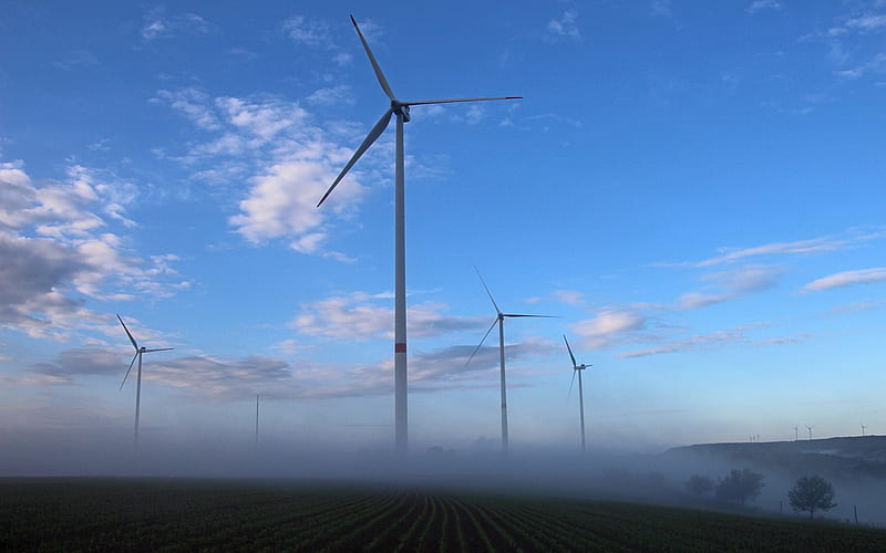 Wind Turbines in Mist, wind turbines, field, landscape, mist, HD wallpaper