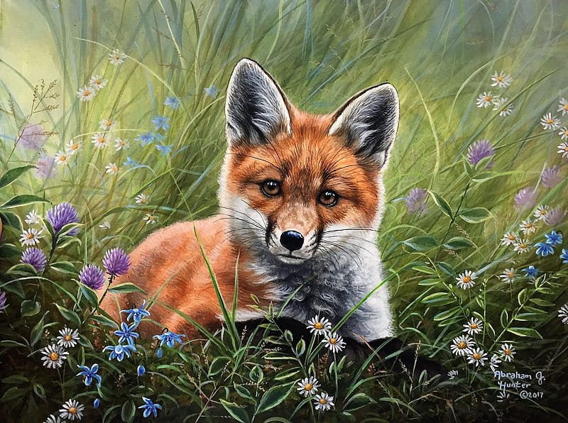 Fox, animal, art, vulpe, painting, abraham hunter, pictura, HD wallpaper