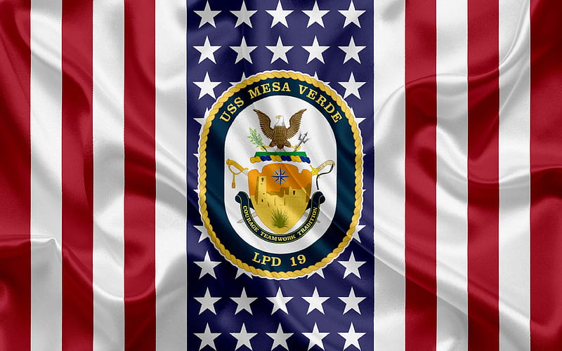 USS Mesa Verde Emblem, LPD-19, American Flag, US Navy, USA, USS Mesa Verde Badge, US warship, Emblem of the USS Mesa Verde, HD wallpaper