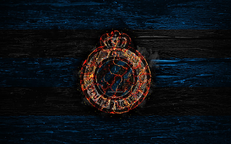 Brugge FC, fire logo, Jupiler League, blue and black lines, Belgium football club, grunge, Club Brugge KV, football, soccer, Brugge logo, wooden texture, Belgium, HD wallpaper