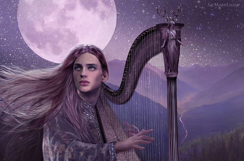 Rivendell moon, pink, sara morello, night, rivendell, luminos, wind, elf, man, moon, instrument, fantasy, purple, HD wallpaper