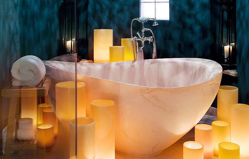 Take a time out, table, glow, relax, yellow, bath, faucet, candles, classy, tub, steel, white, relaxing, blue, HD wallpaper