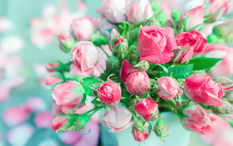 pink roses bouquet bokeh, bouquet of roses, pink flowers, roses, buds, HD wallpaper