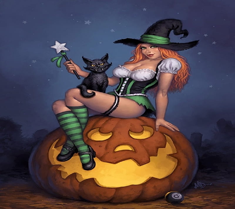 Halloween Witch, witch, halloween, pumpkin, red head, cat, HD wallpaper