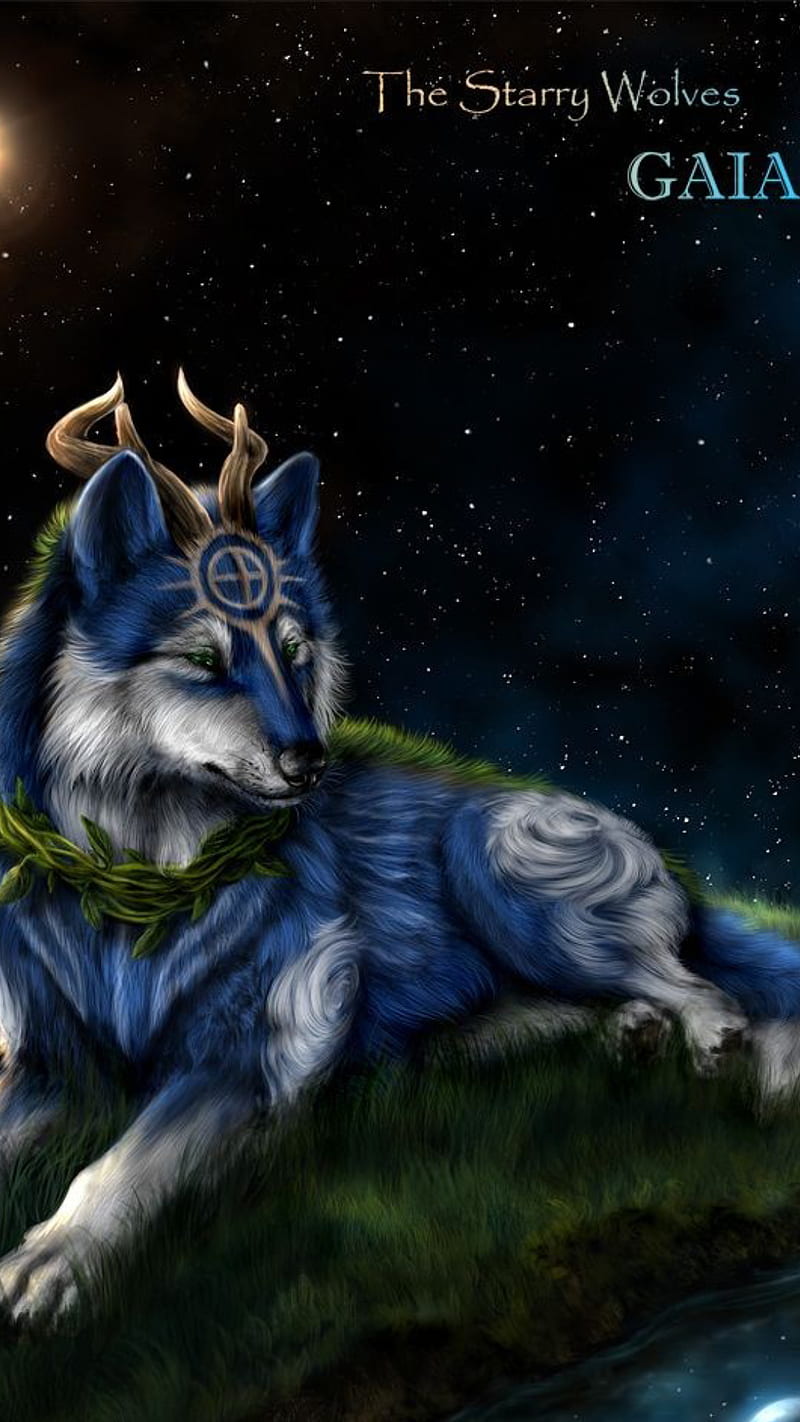 Fantasy wolf, animal, blue, galaxy, stars, HD phone wallpaper