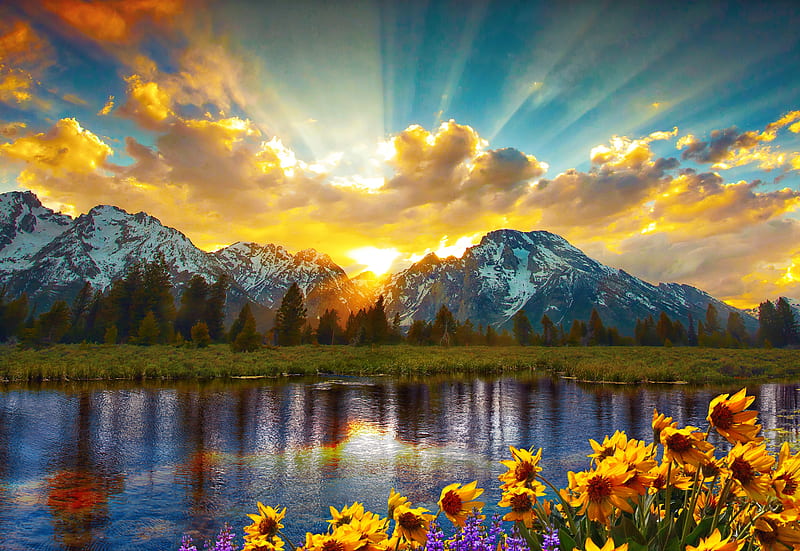 Grand Tetons and reflection, bonito, sunset, sunrise, reflection, lake, fiery, Grand Teton, sky, mountain, rays, wildflowers, HD wallpaper