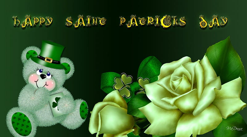 Saint Patrick Teddy Bear, Saint Patricks Day, holiday, rose, Ireland, Irish, spring, sweet, March, cute, gold, green, teddy bear, lucky, HD wallpaper
