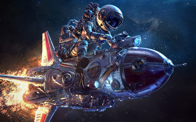 astronaut on a rocket, art, creative, fantasy, space, flight into space concepts, HD wallpaper