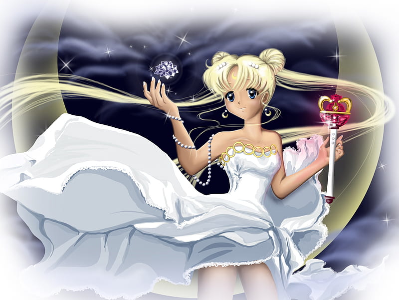 Sailor moon as sailor cosmos with long white hair, a white dress, and a  huge majestic staff, high quality