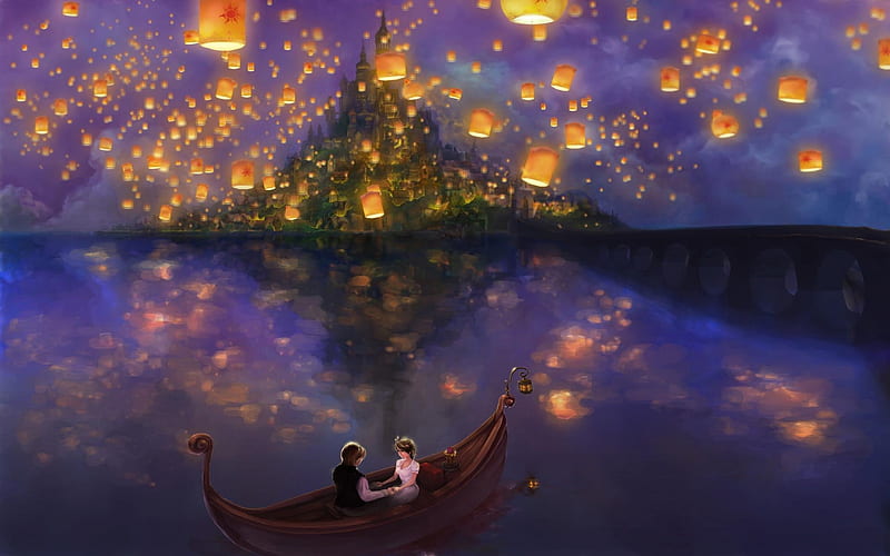 Romantic moment, fantasy, water, boat, lantern, tangled, blue, couple, art, luminos, yellow, HD wallpaper