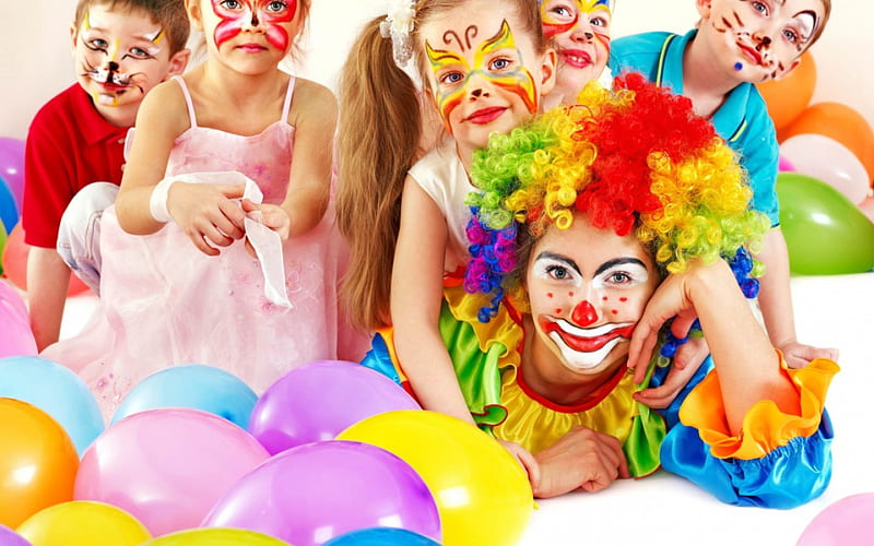 Party!, red, yellow, rainbow, clown, green, people, party, face, child, pink, kids, blue, paint, colors, boy, girl, balloons, white, mask, HD wallpaper