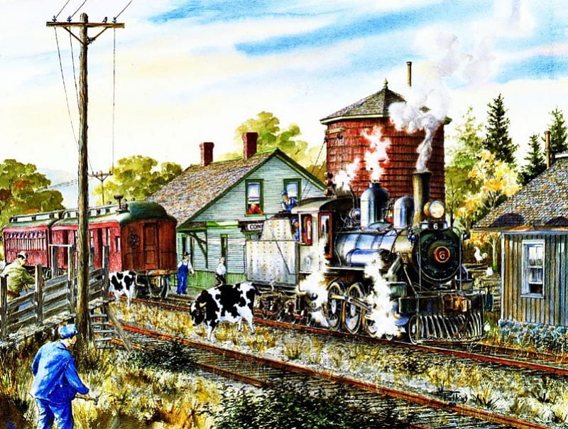 Temiscouata Railway, cow, train, painting, station, village, man, steam, artwork, HD wallpaper