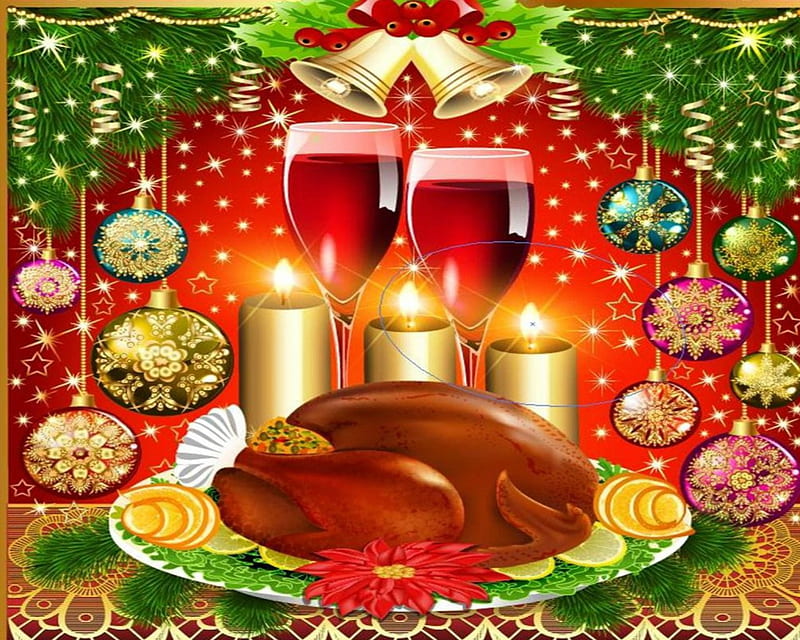Merry Christmas & Happy New year, Christmas, food, balls, wine, HD wallpaper