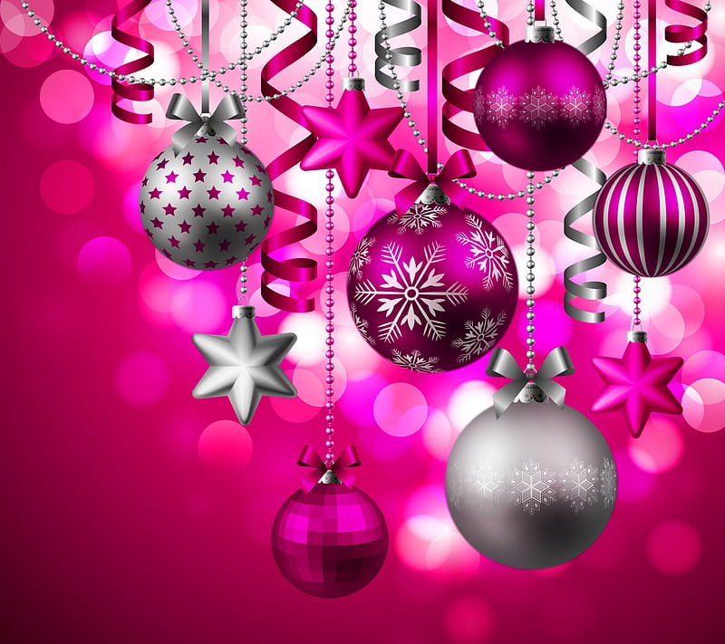 Pretty In Pink Ornaments, stars, Christmas, ornaments, hanging, Silver, snowflakes, decorations, season, beads, pink, HD wallpaper