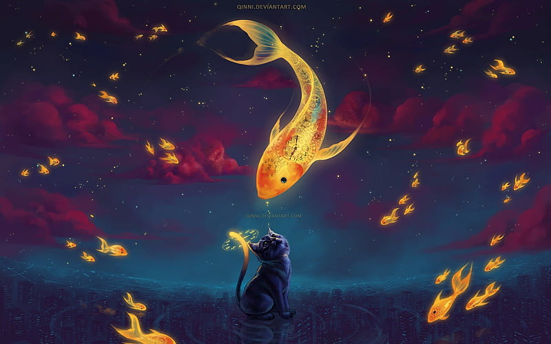 To Catch the Moonfish, fantasy, moon, fish, cat, abstract, HD wallpaper