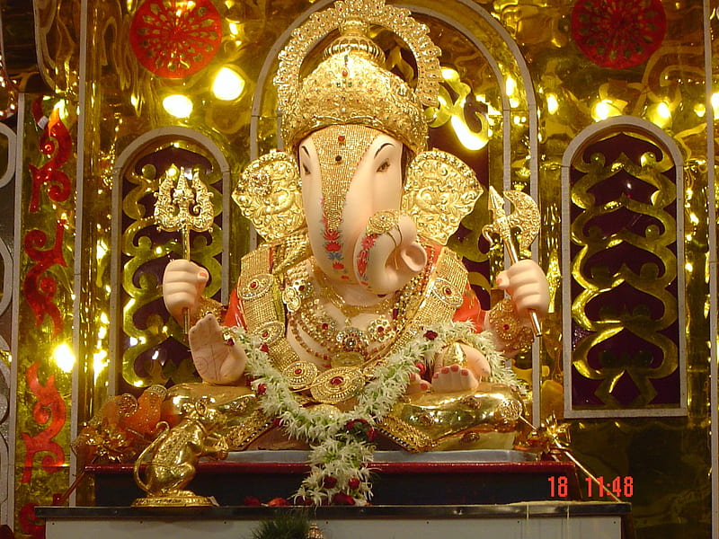 Ganesha, gold, altar, statue, elephant, hindu, idol, god, HD wallpaper