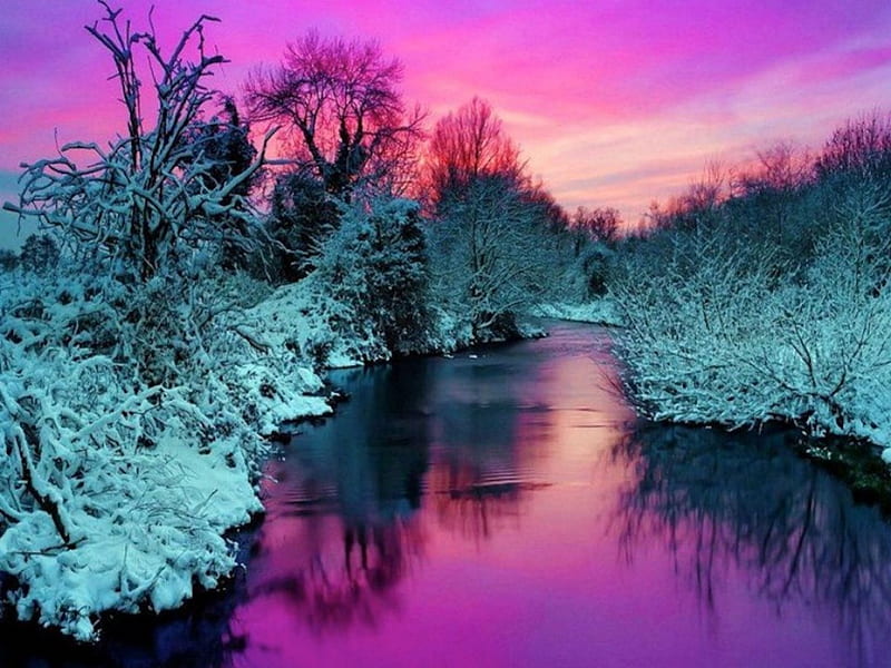 Winter Lake Pastels, rose, ice, trees, pink, lake, blue, winter, frost, HD wallpaper