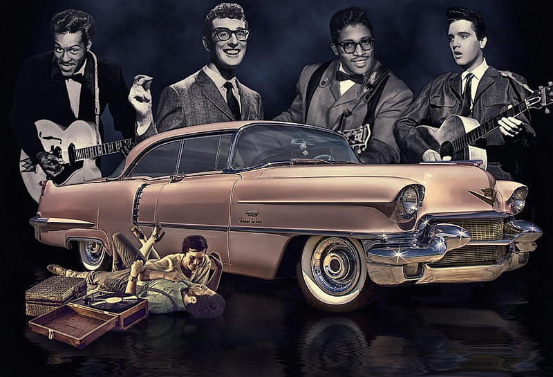 Rock and Roll Never Forgets, chuck berry, bo diddely, music, car, buddy holly, elvis presley, vintage, rock and roll, HD wallpaper
