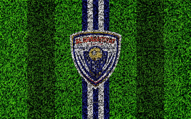 Al Kharaitiyat SC Qatar Football Club, football lawn, logo, blue-white lines, grass texture, Qatar Stars League, Premier League, Doha, Qatar, Q-League, football, HD wallpaper