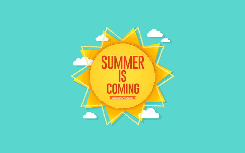 Summer is coming, sun, blue background, summer concerts, summer art, paper sun, Summer is coming concerts, HD wallpaper