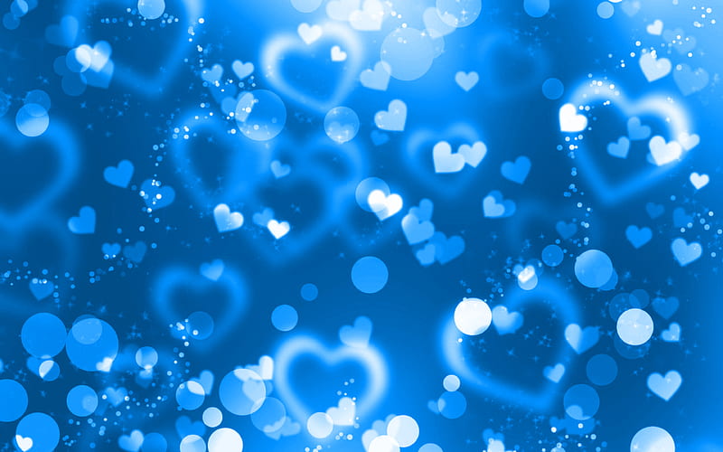 blue glare hearts blue glitter background, creative, love concepts, abstract hearts, blue hearts, HD wallpaper
