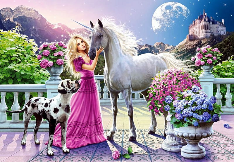 Best Friend of the Princess, planet, unicorn, flowers, castle, artwork, dog, HD wallpaper