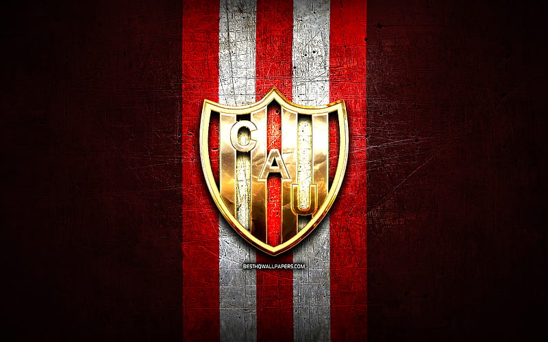 Union FC, golden logo, Argentine Primera Division, red metal background, football, Union de Santa Fe, argentinian football club, Union logo, soccer, Argentina, Club Atletico Union, CA Union, HD wallpaper