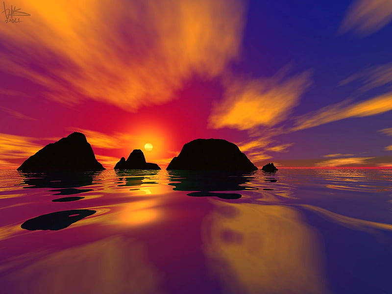 Thai sunset, rocks, gold, purple, sunset, reflections, clouds, sky ...