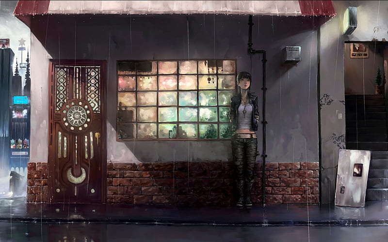 I wait for you!, silent, house, window, wall, alone, girl, stone, rain, anime girl, HD wallpaper