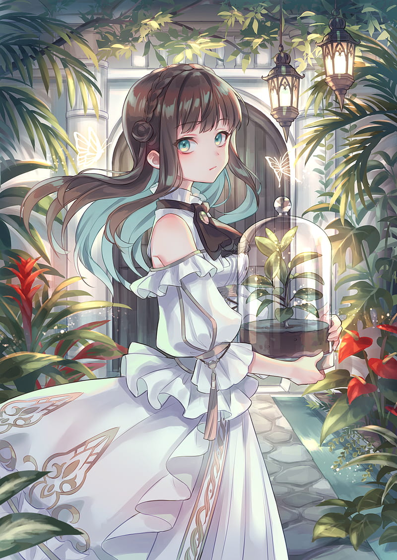 anime, anime girls, digital art, artwork, 2D, portrait display, vertical, Zoff, plants, butterfly, dress, brunette, aqua eyes, HD phone wallpaper