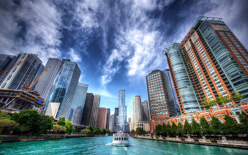 Chicago, r, skyscrapers, motor ship, Chicago River, Illinois, USA, HD wallpaper