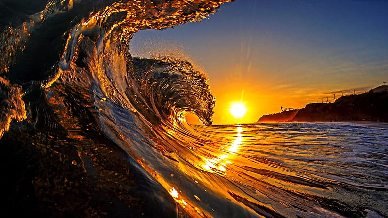 Ocean wave at sunrise, Wave, Silhouette, Serenity, Scenic, Ocean, Sunshine, Sea, Seascape, Sunrise, HD wallpaper
