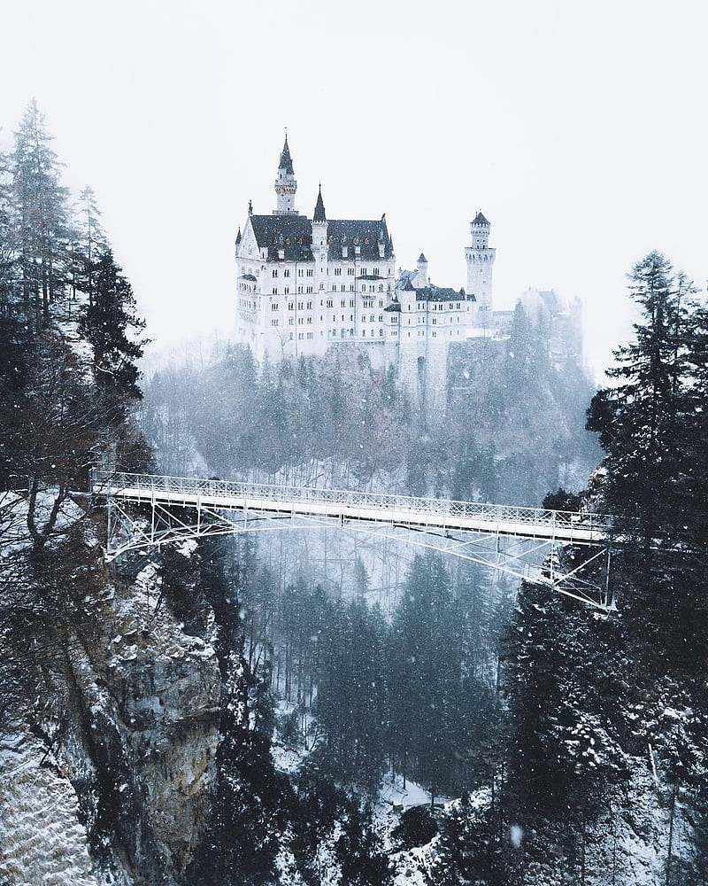 castle, snow, winter, bridge, Neuschwanstein Castle, pine trees, vertical, rocks, nature, Germany, HD phone wallpaper