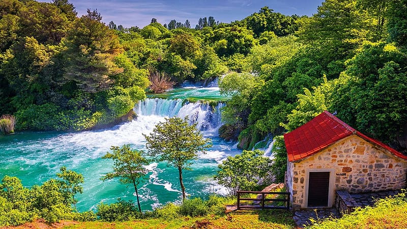 Cascades of Krka, Croatia, trees, cascades, river, house, national park, HD wallpaper