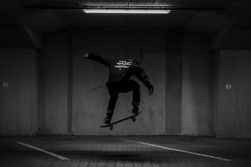 skateboard, skate, skater, trick, black and white, black, HD wallpaper