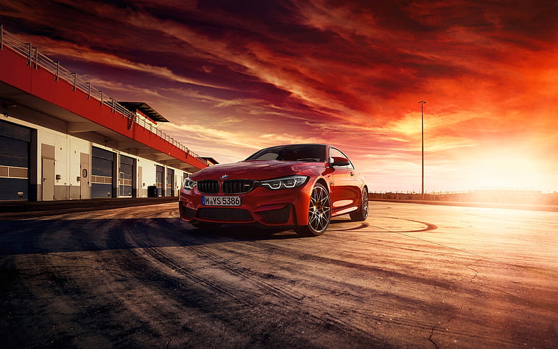 BMW M4 Coupe, 2017, red sports coupe, racing track, sunset, red M4, German cars, BMW, HD wallpaper