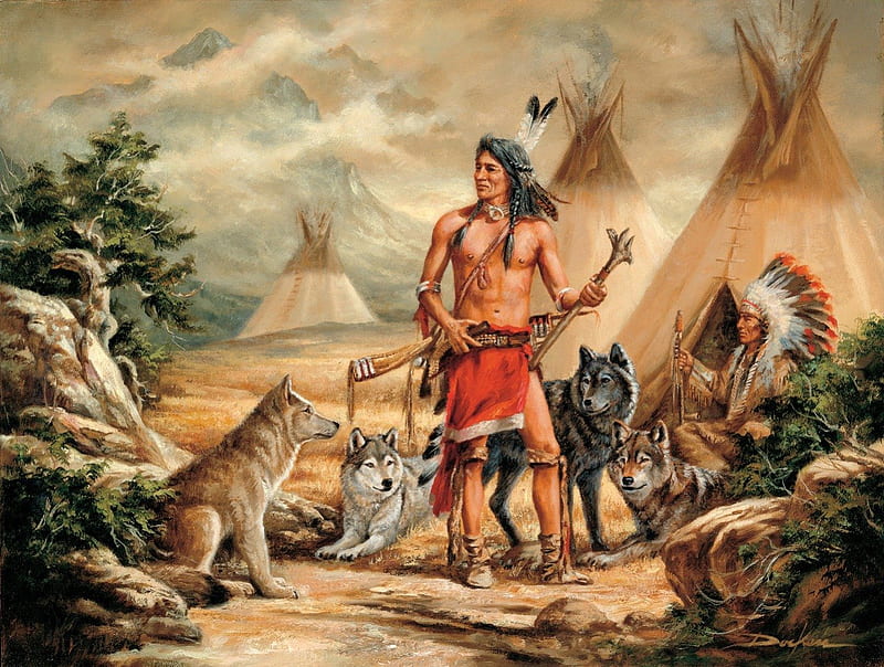 Native Americans and Wolves, painting, teepees, predators, tribe, HD wallpaper