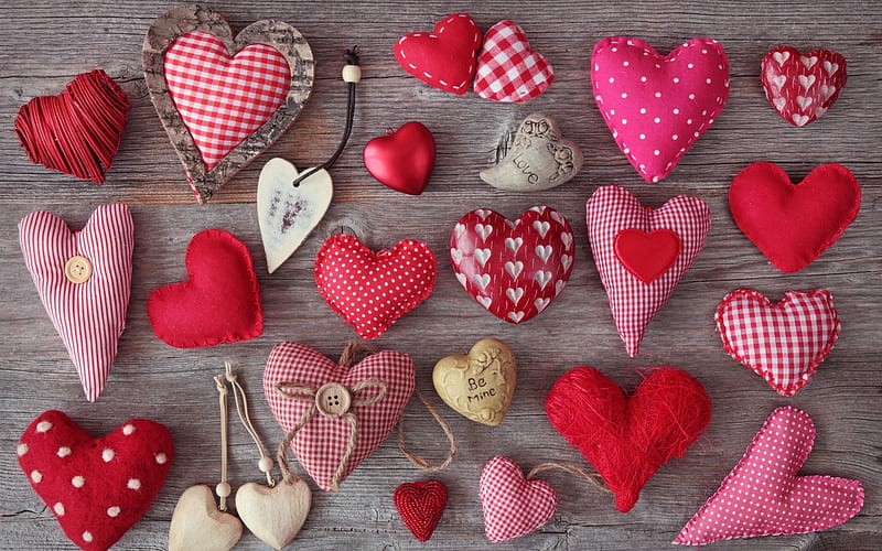 Crafty Hearts, cute, yarn, pin cushions, gris, beads, white, pink, 1920x1200, sewing, red, buttons, dots, still-art, crafts, leather, checkerboard, Love, thread, black, corazones, creative, HD wallpaper