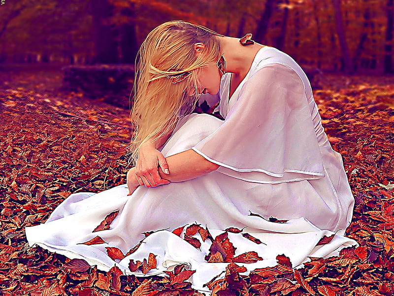 Solitary journey, fall, autumn, sadness, white dressed, journey, blonde, lonely, solitary, leaves, loneliness, HD wallpaper