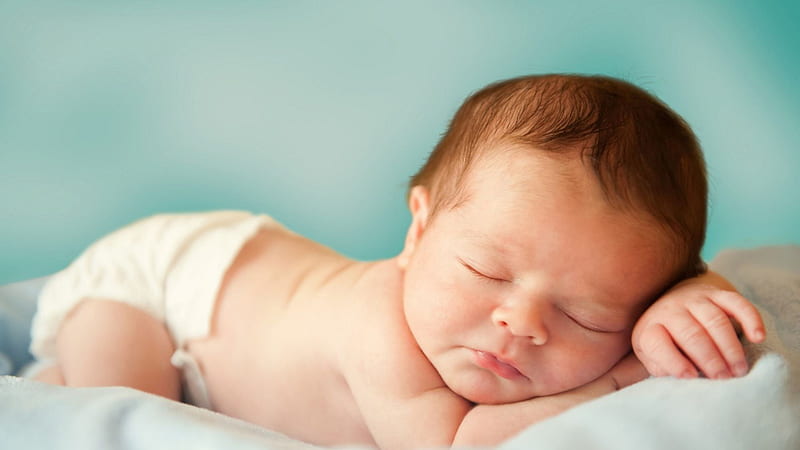 Cute Baby Is Sleeping On White Bed In Blur Blue Background Cute, HD wallpaper