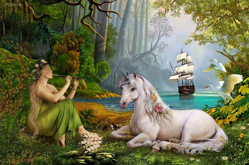 Fantasy World, forest, fairy tale, unicorn, lake, prettily, fantasy, girl, ship, bot, wood, HD wallpaper