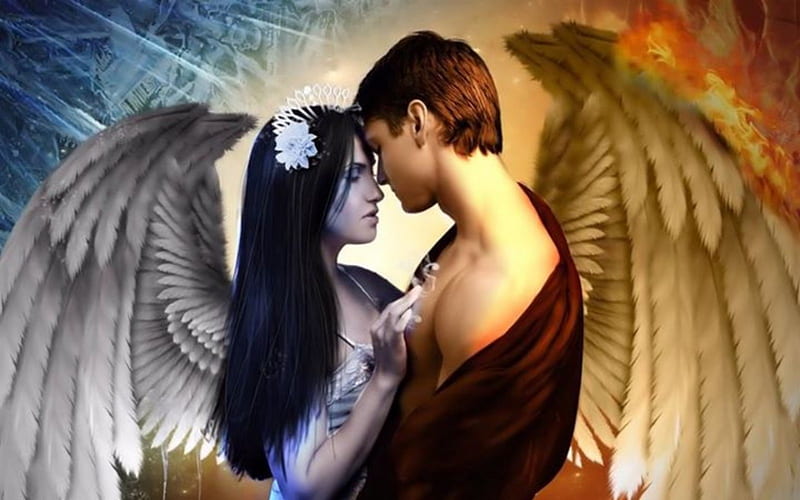 ANGELS IN LOVE, WINGS, FEMALE, ANGELS, MALE, LOVE, HD wallpaper