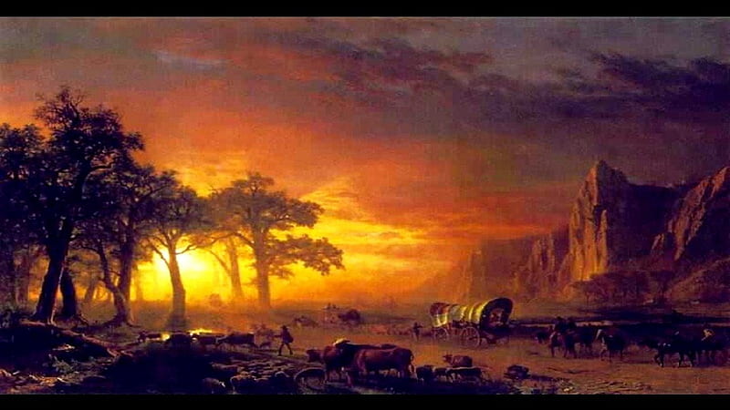 WILD WEST, wagon train, sunset, desert, HD wallpaper